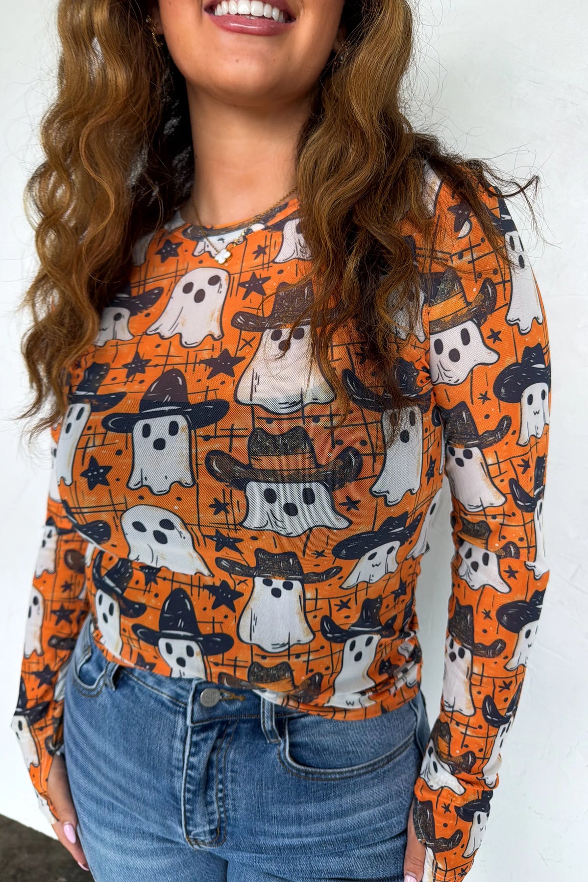 Halloween Mesh Tops Cowboy Ghost