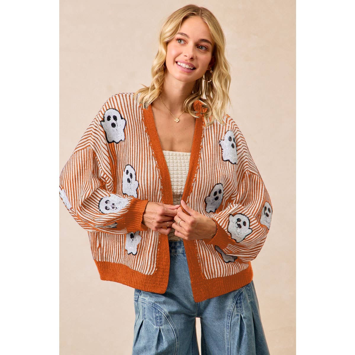 Halloween Themed Cardigan With Ghost Sequin Patch