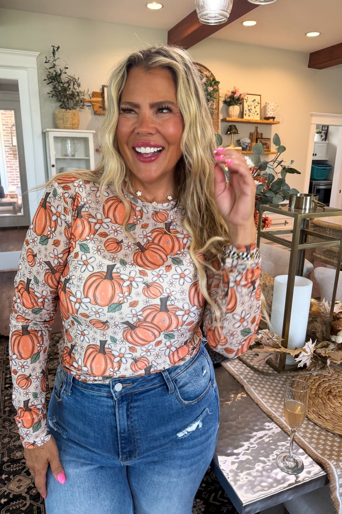 Fall Pumpkin Mesh Top