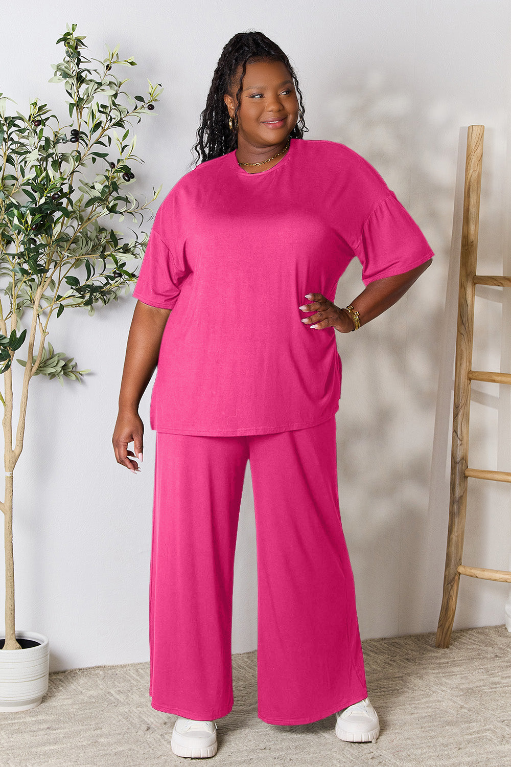 Slit Top and Pants Two Piece Set