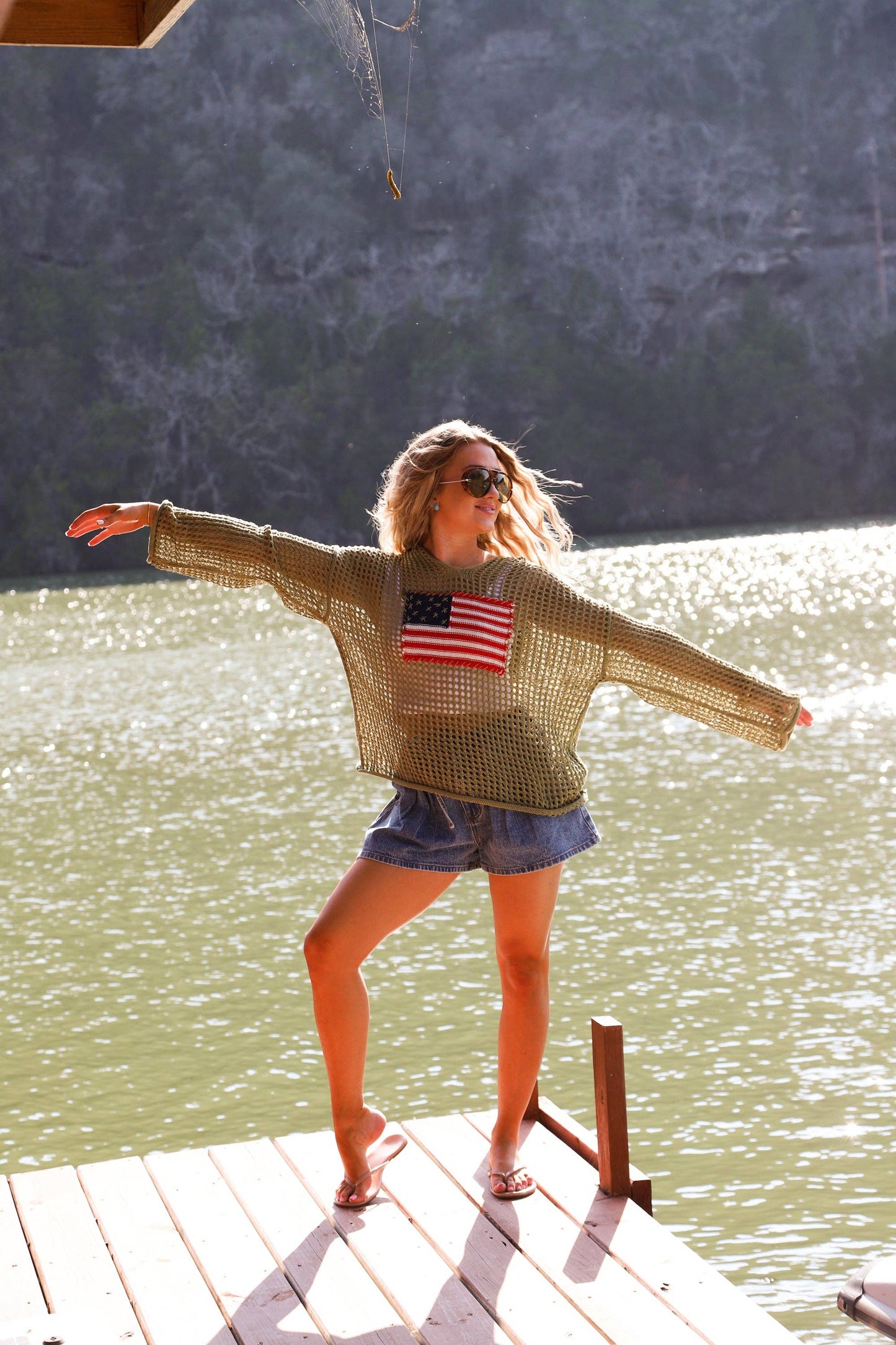 Freedom Flag Patch Pullover Knit Sweater With USA Flag