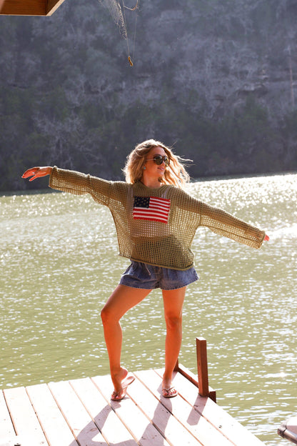 Freedom Flag Patch Pullover Knit Sweater With USA Flag