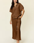 Double Take Full Size Texture Half Zip Short Sleeve Top and Pants Set