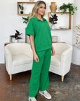 Double Take Full Size Texture Half Zip Short Sleeve Top and Pants Set