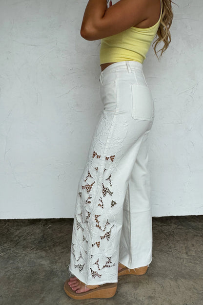 Embroidered Flower Lace Jeans With Floral