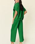 Double Take Full Size Texture Half Zip Short Sleeve Top and Pants Set