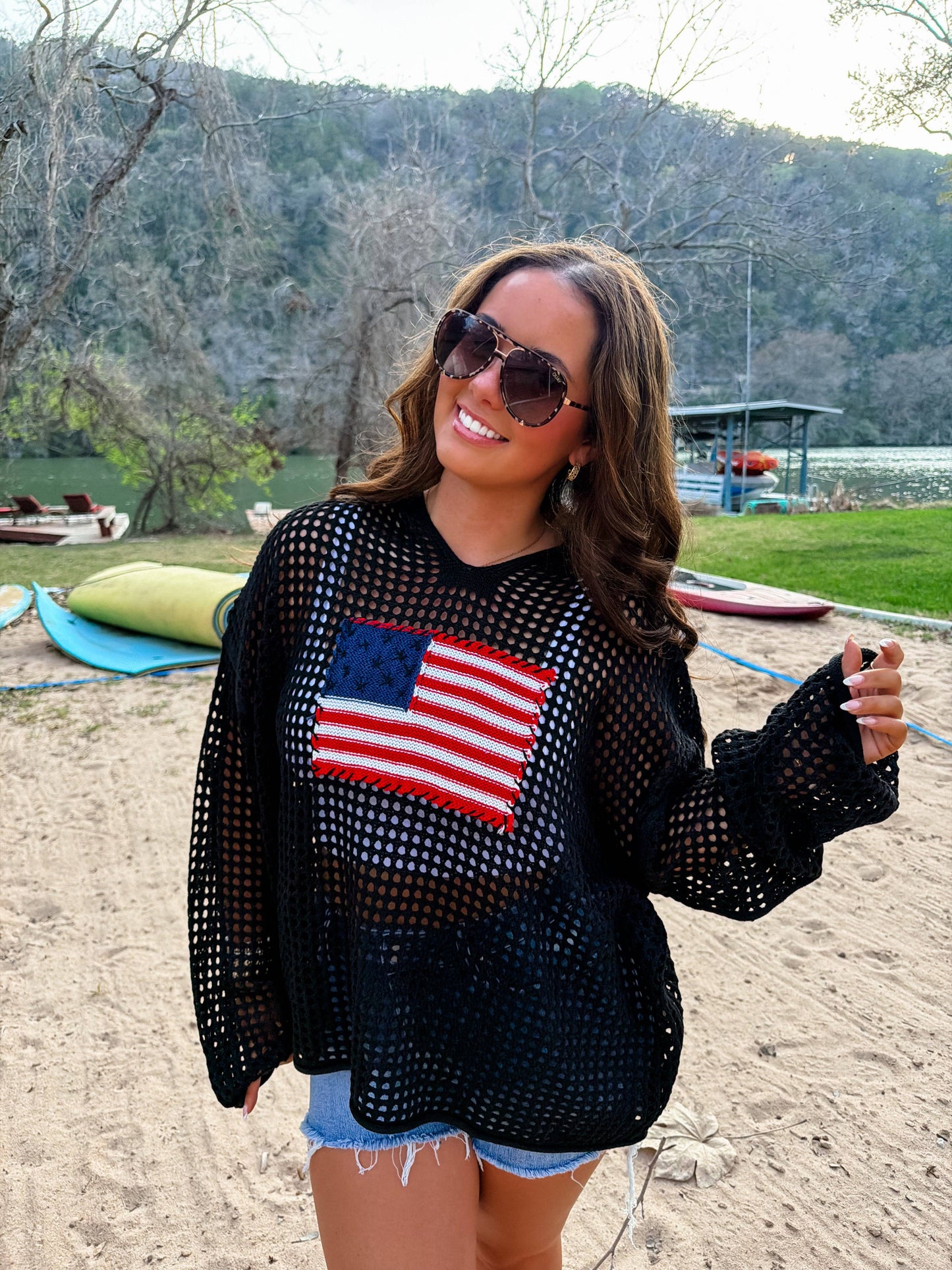 Freedom Flag Patch Pullover Knit Sweater With USA Flag