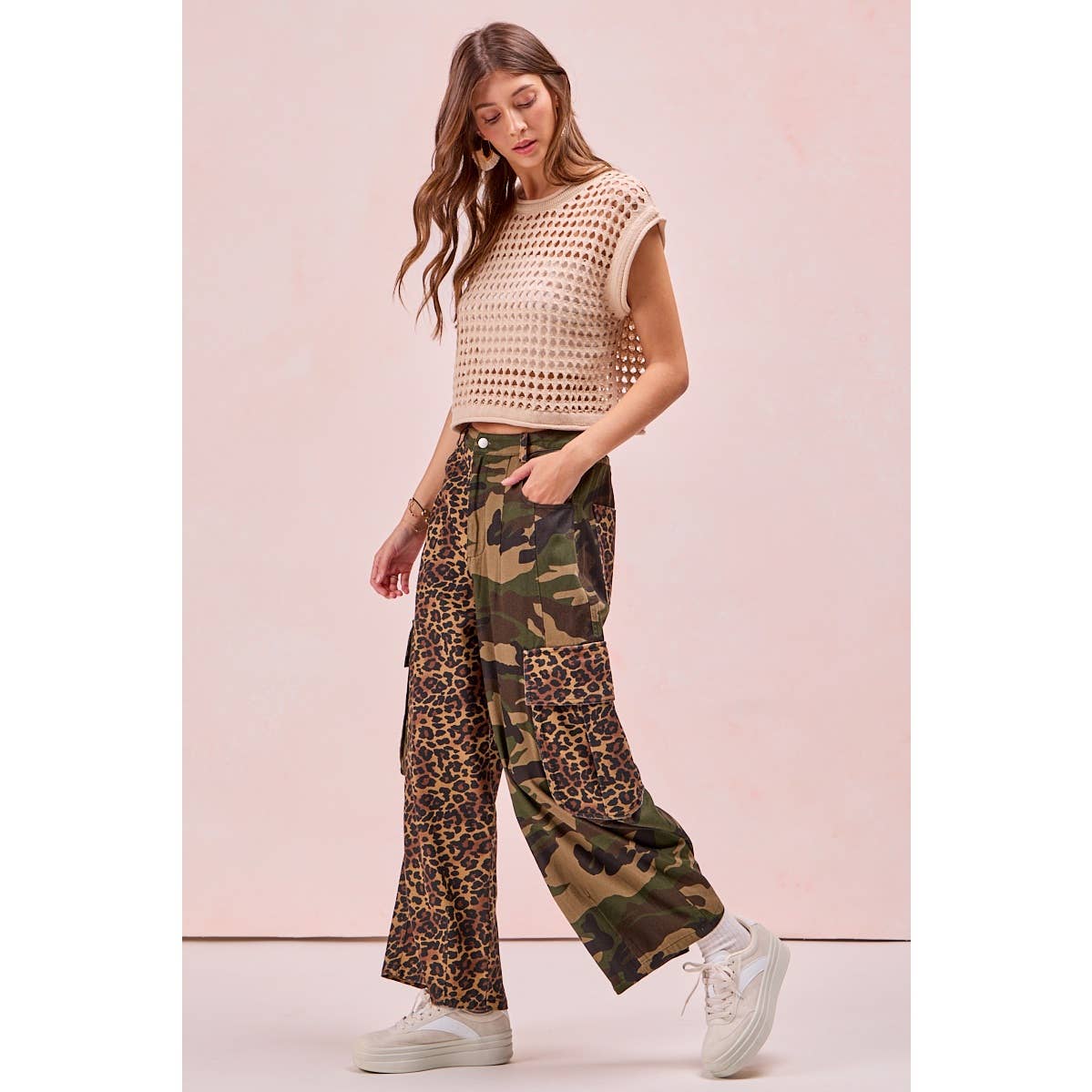 PRE-ORDER Leopard Print And Camouflage Mixed Cargo Pocket Pants