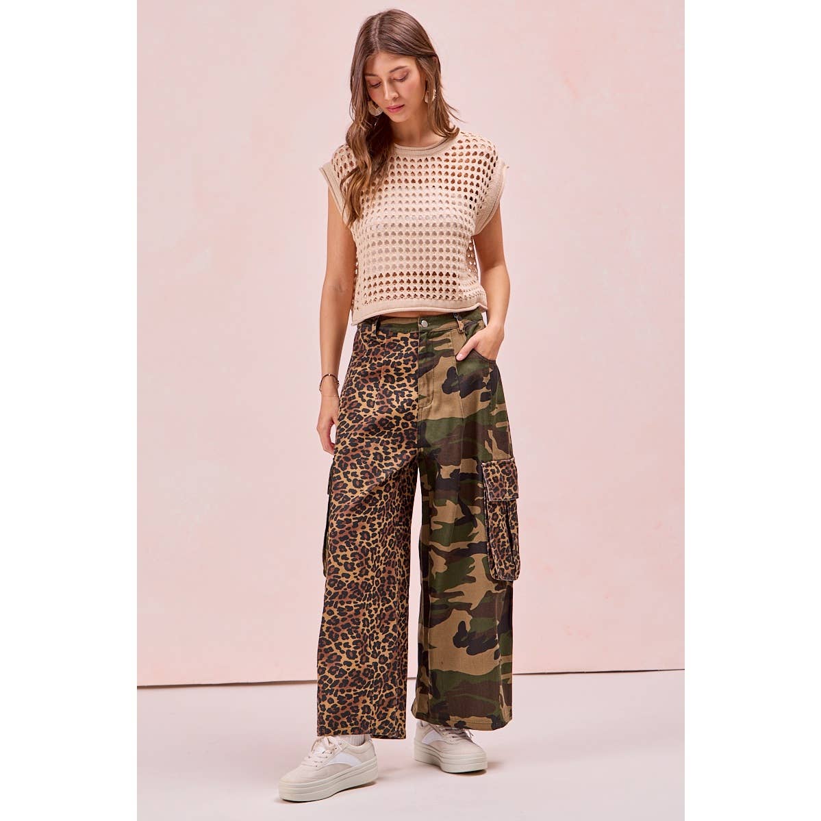 PRE-ORDER Leopard Print And Camouflage Mixed Cargo Pocket Pants