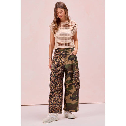 PRE-ORDER Leopard Print And Camouflage Mixed Cargo Pocket Pants