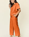 Double Take Full Size Texture Half Zip Short Sleeve Top and Pants Set