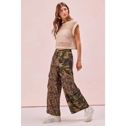 PRE-ORDER Leopard Print And Camouflage Mixed Cargo Pocket Pants