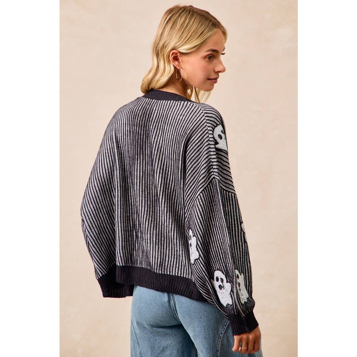 Halloween Themed Cardigan With Ghost Sequin Patch