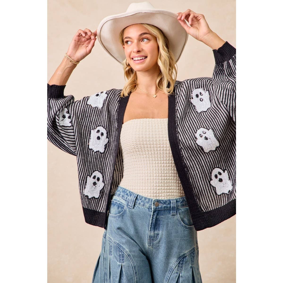 Halloween Themed Cardigan With Ghost Sequin Patch