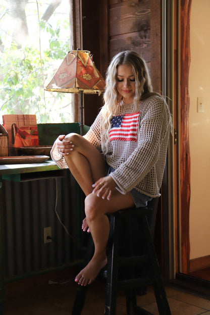 Freedom Flag Patch Pullover Knit Sweater With USA Flag