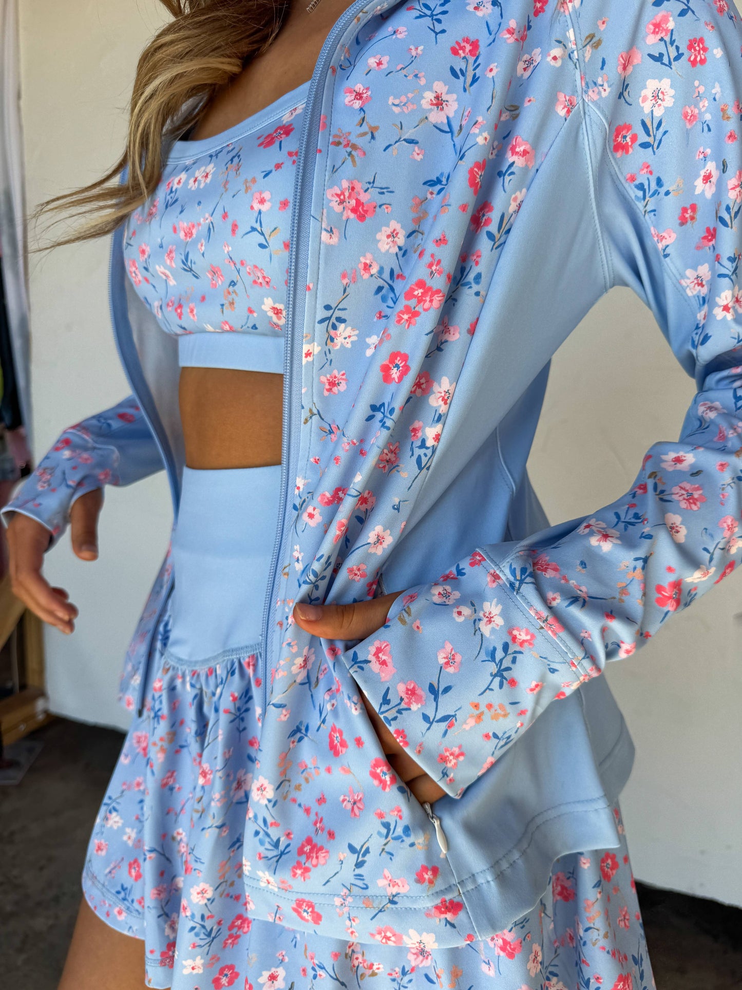 Out The Door Zip Up Jacket With Floral Gingham Pattern