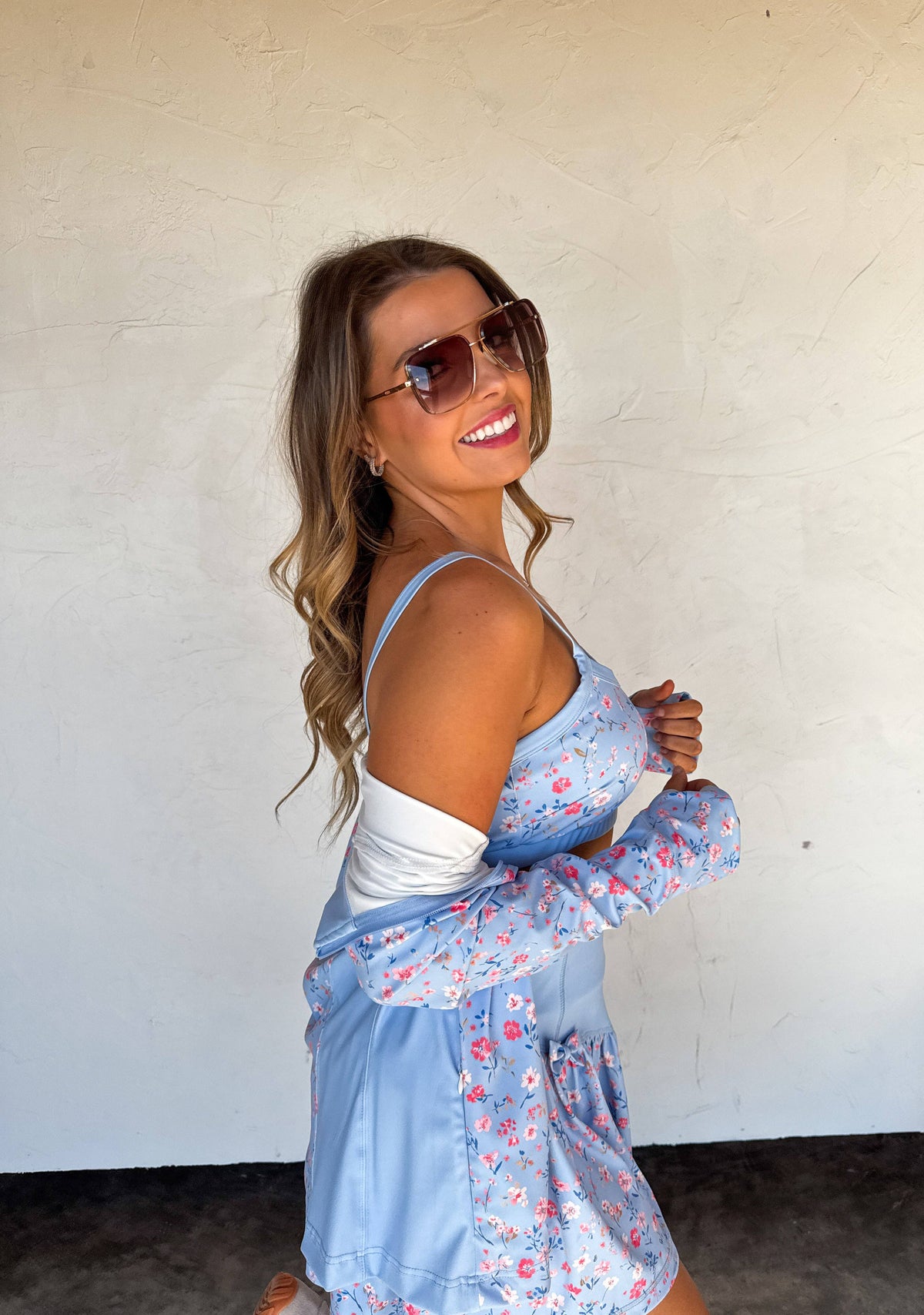 Out The Door Zip Up Jacket With Floral Gingham Pattern