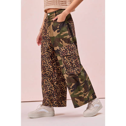 PRE-ORDER Leopard Print And Camouflage Mixed Cargo Pocket Pants