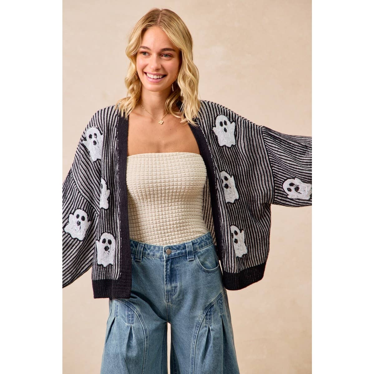 Halloween Themed Cardigan With Ghost Sequin Patch