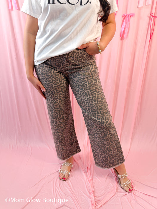 Leopard Frayed Wide Leg Jeans