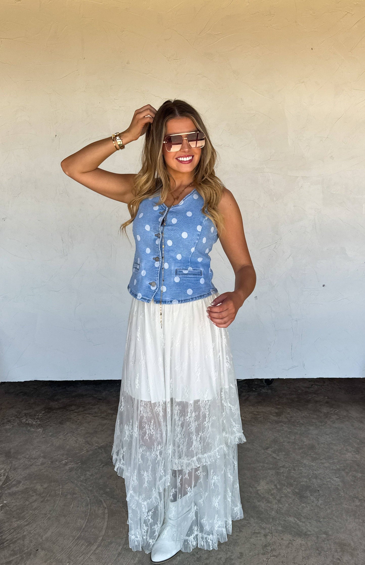 Sprinkle Me Polka Dot Denim Vest With Light Stretch And Front Pockets