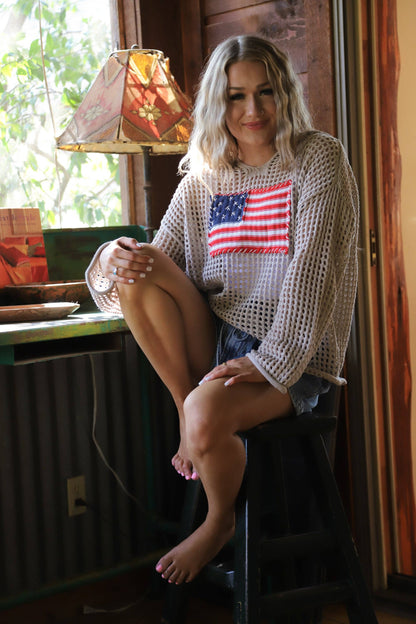 Freedom Flag Patch Pullover Knit Sweater With USA Flag
