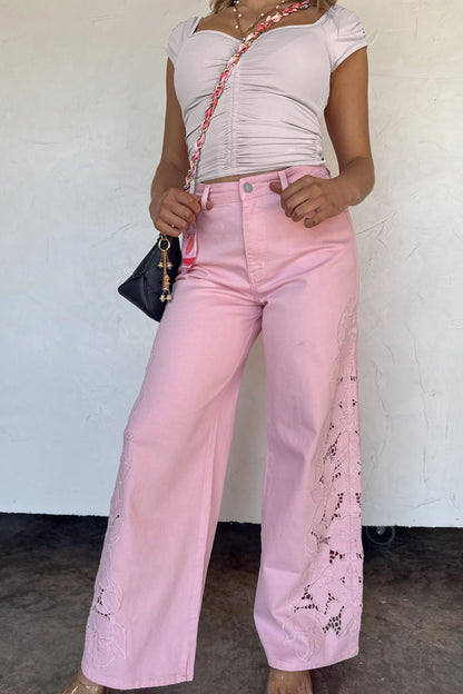Embroidered Flower Lace Jeans With Floral