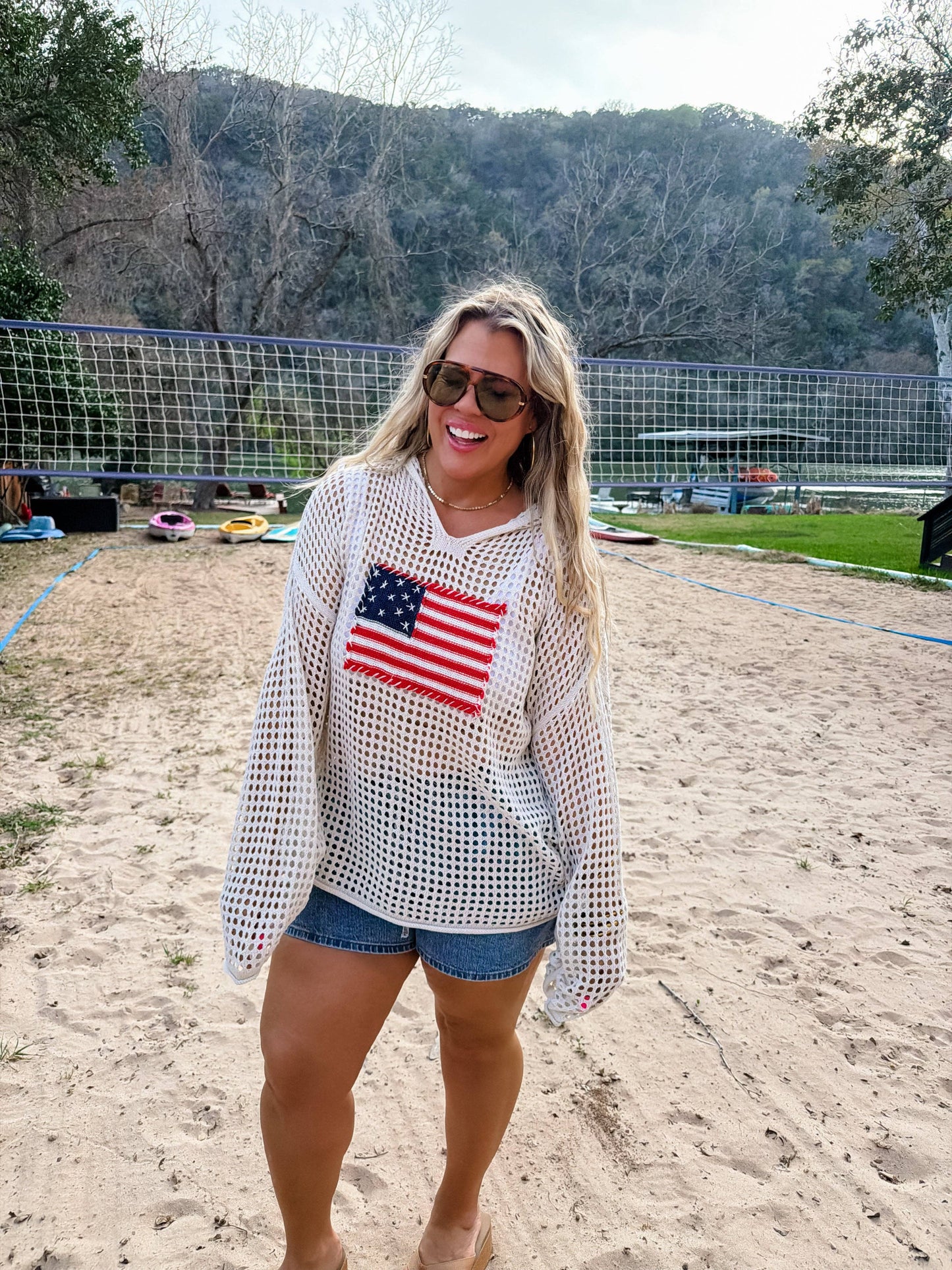Freedom Flag Patch Pullover Knit Sweater With USA Flag