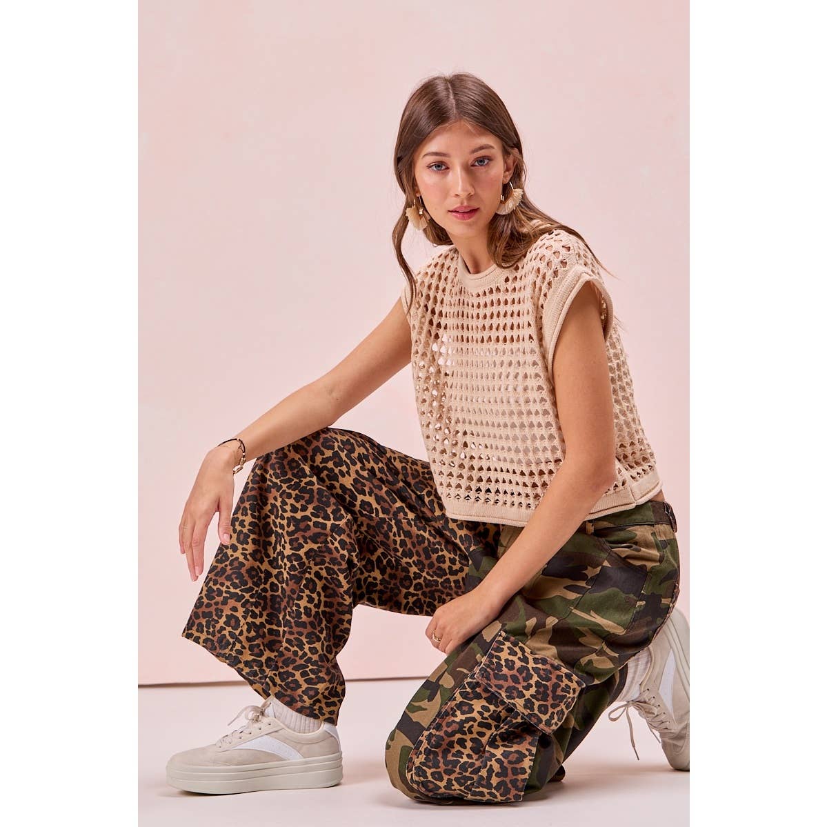 PRE-ORDER Leopard Print And Camouflage Mixed Cargo Pocket Pants