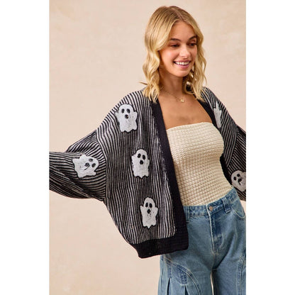 Halloween Themed Cardigan With Ghost Sequin Patch