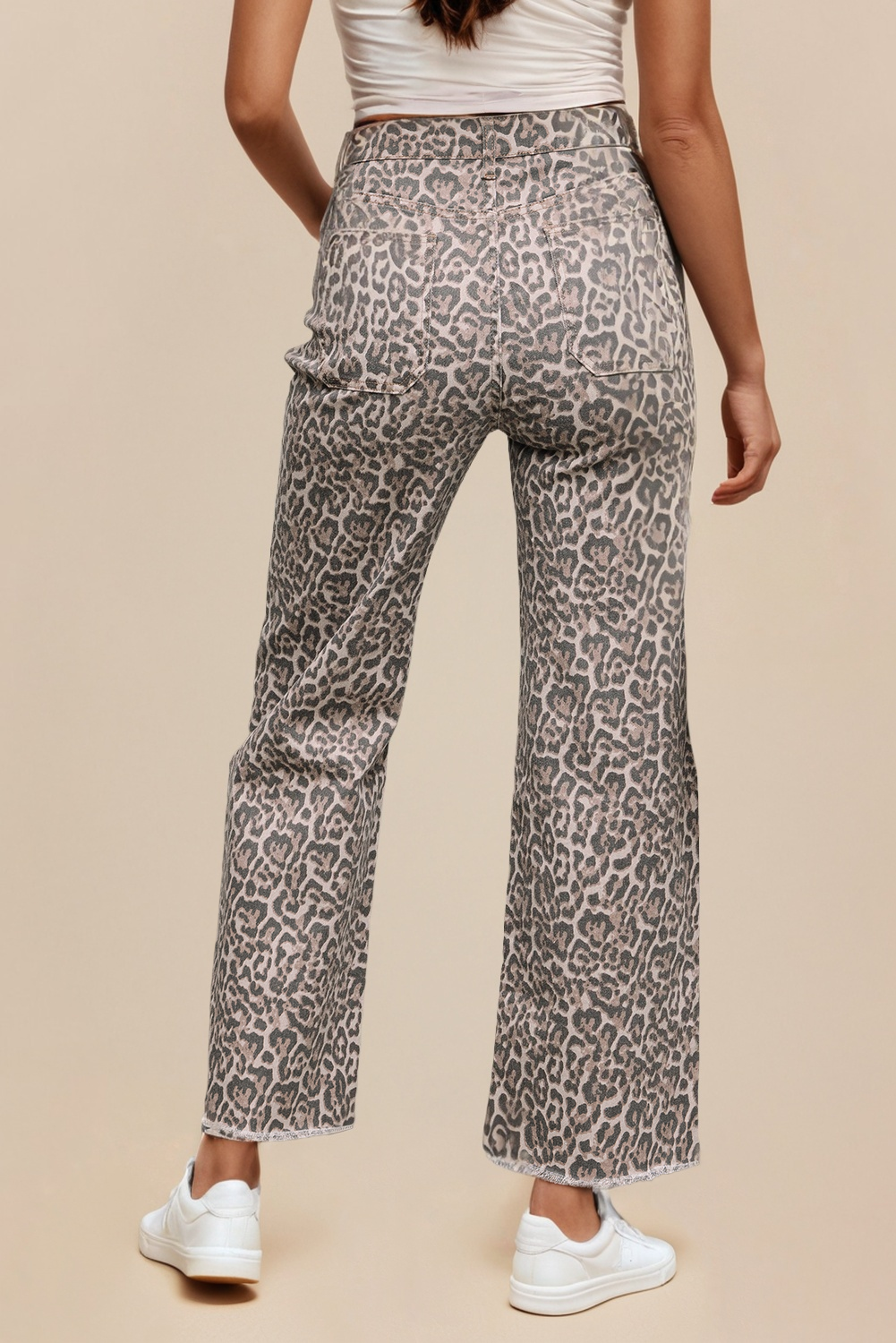 Leopard Frayed Wide Leg Jeans