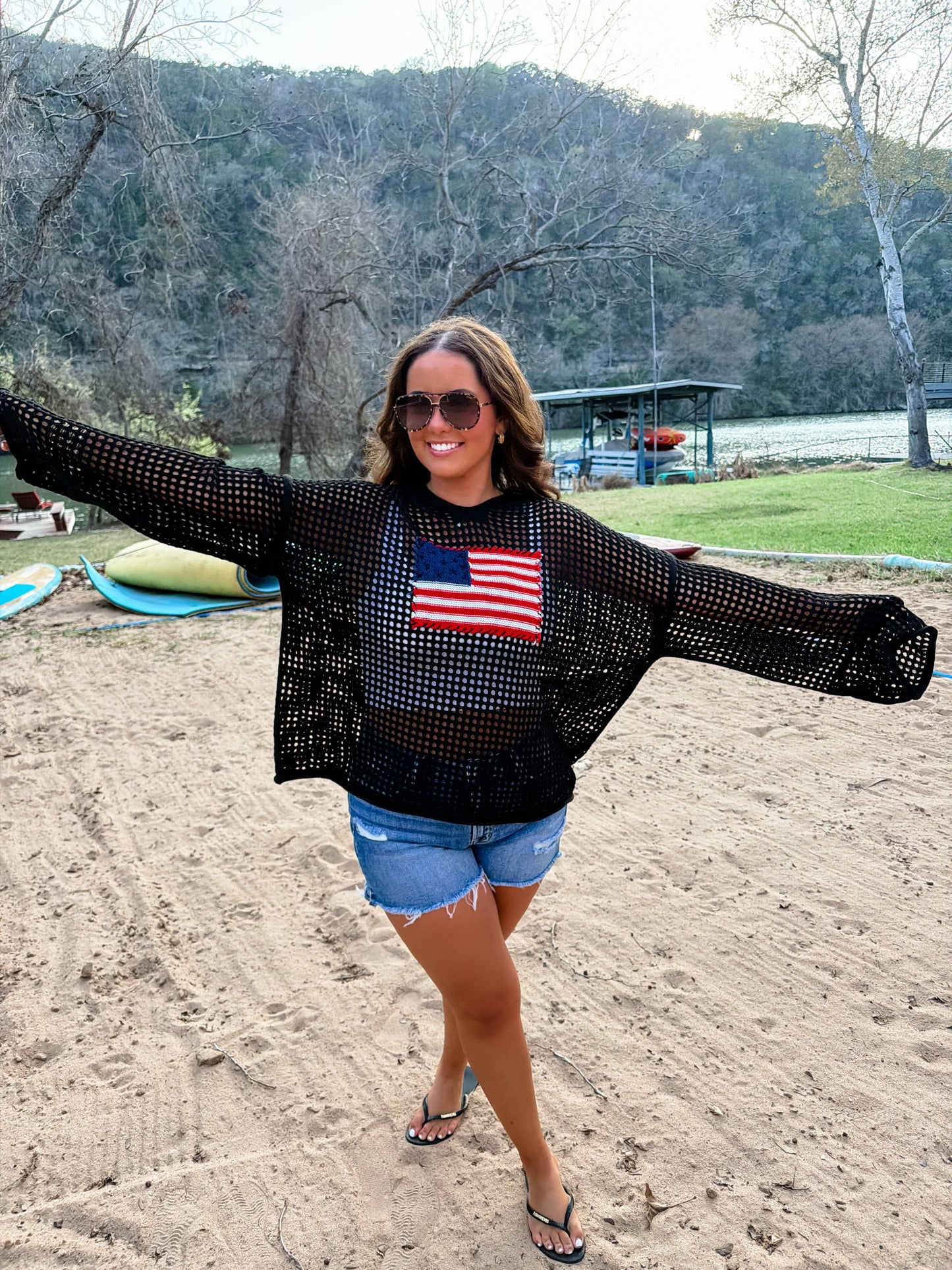 Freedom Flag Patch Pullover Knit Sweater With USA Flag