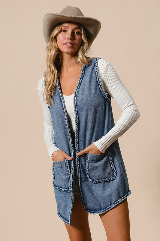 Braided Trim Open Front Denim Vest with Pockets