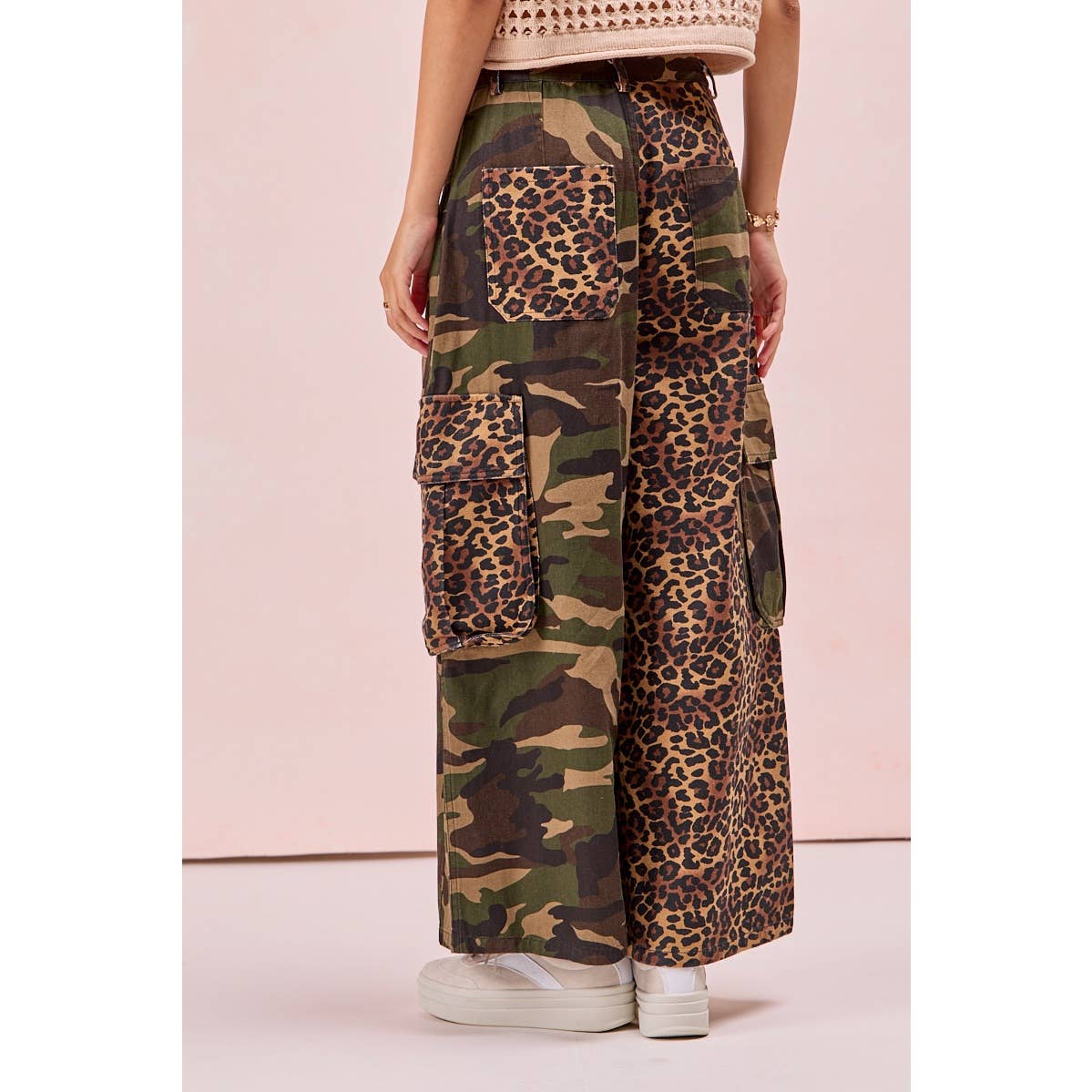 PRE-ORDER Leopard Print And Camouflage Mixed Cargo Pocket Pants