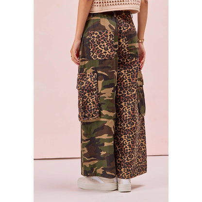PRE-ORDER Leopard Print And Camouflage Mixed Cargo Pocket Pants