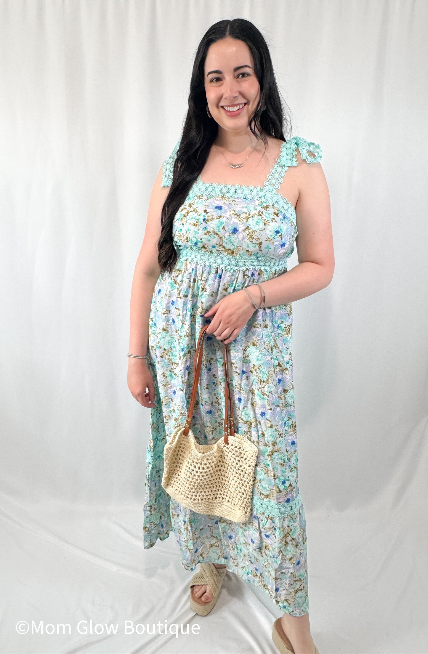 Lace Detail Square Neck Floral Dress