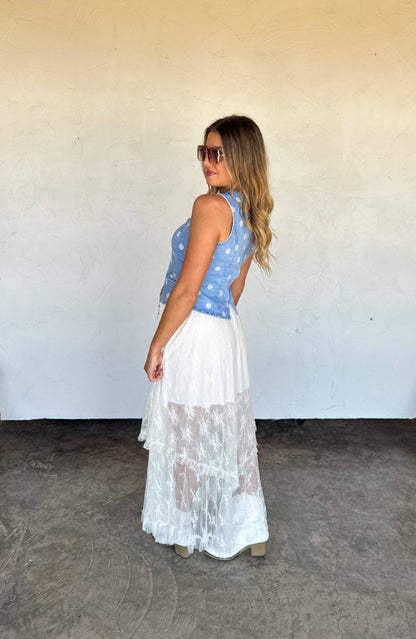 Sprinkle Me Polka Dot Denim Vest With Light Stretch And Front Pockets