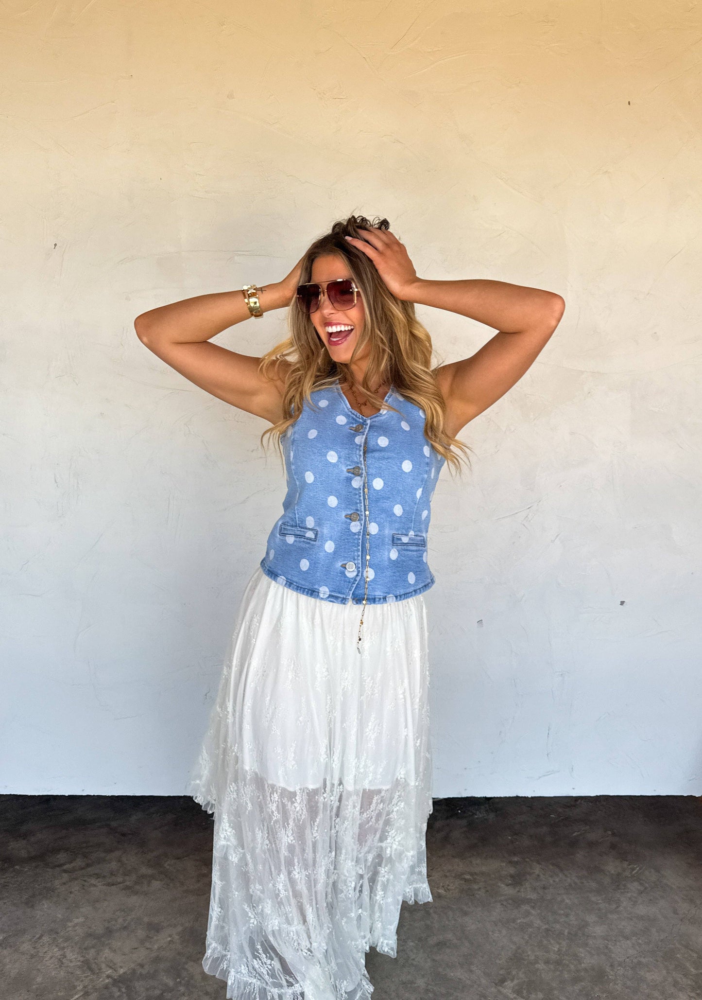 Sprinkle Me Polka Dot Denim Vest With Light Stretch And Front Pockets