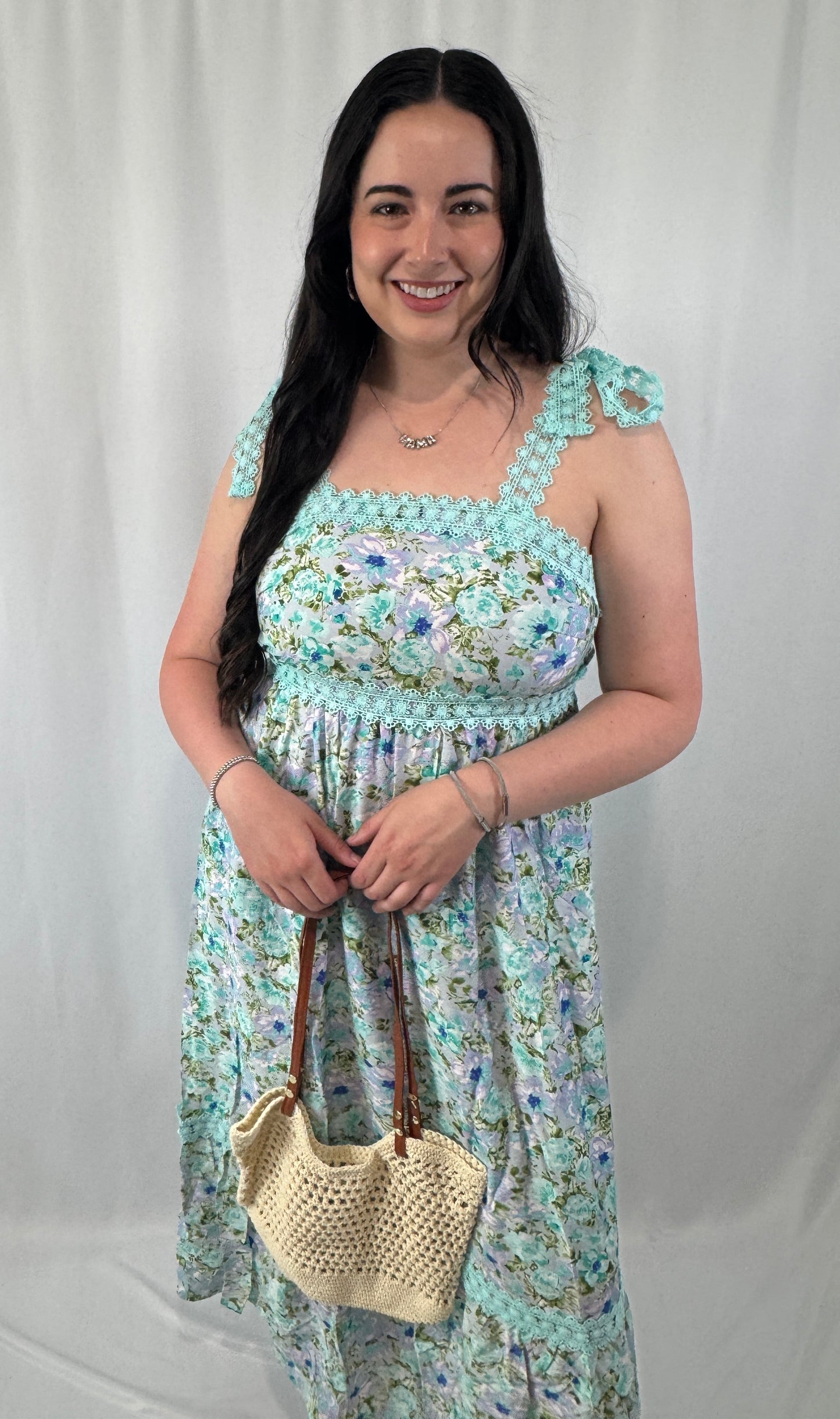 Lace Detail Square Neck Floral Dress