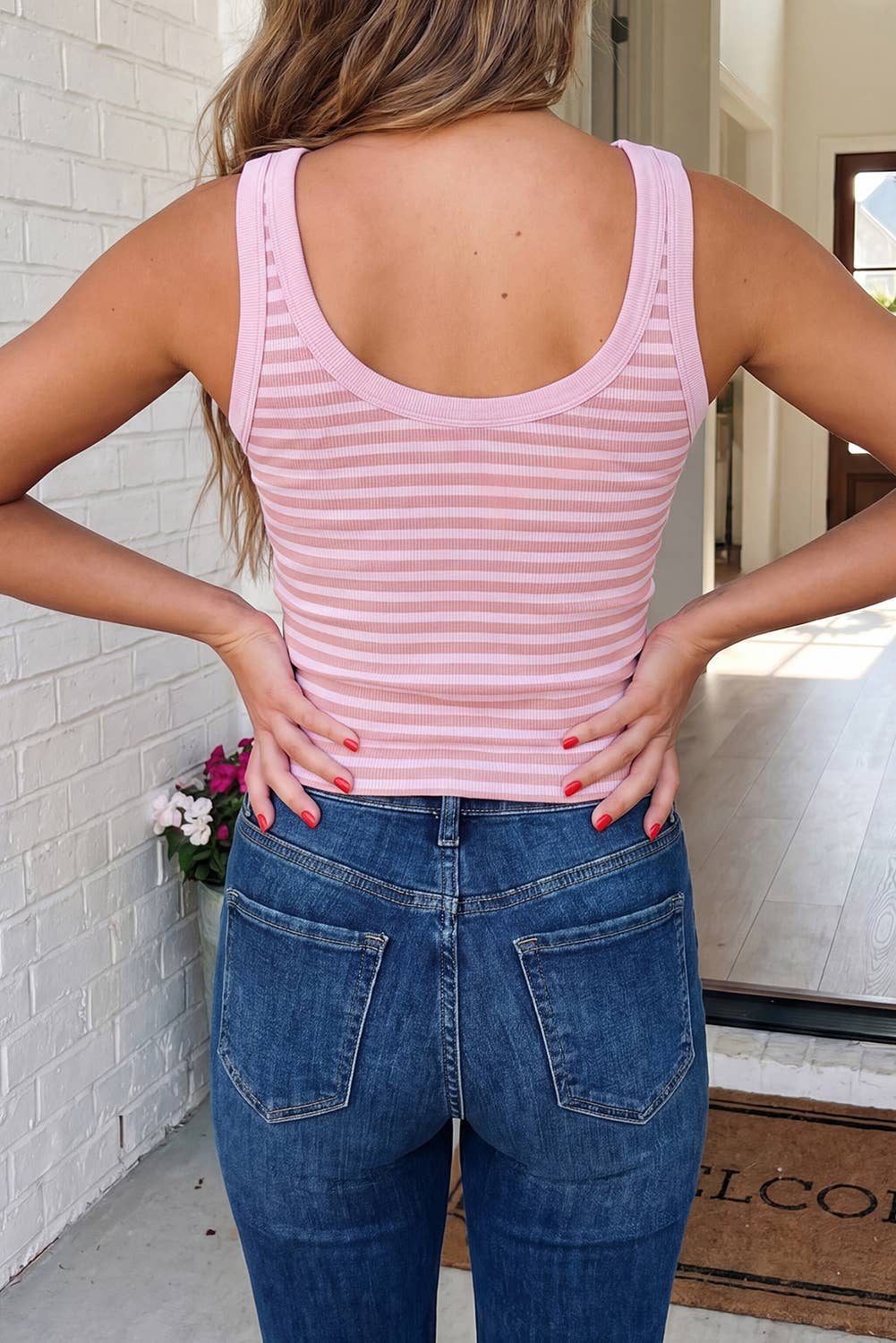 LAS Striped Ribbed Knit Tank Top Sleeveless Round Neck Slim Fit S to XL