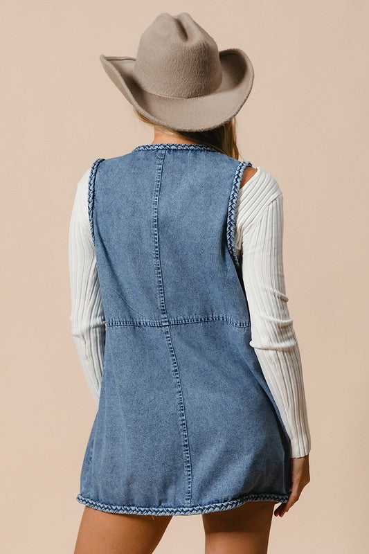 Braided Trim Open Front Denim Vest with Pockets