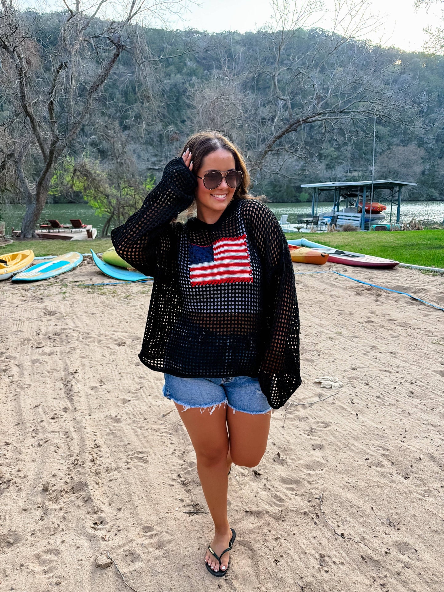 Freedom Flag Patch Pullover Knit Sweater With USA Flag