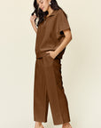 Double Take Full Size Texture Half Zip Short Sleeve Top and Pants Set