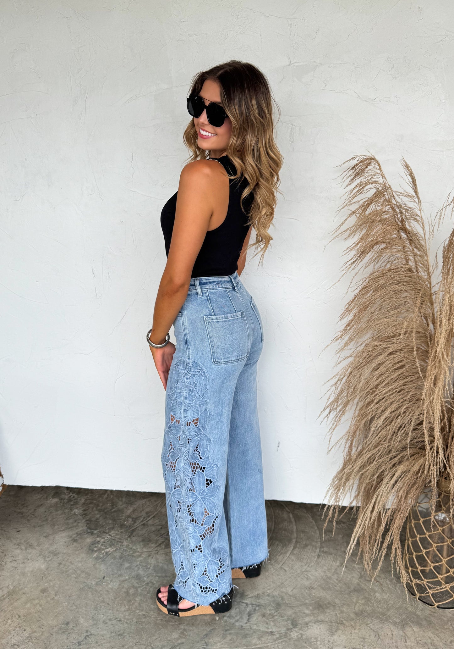 Embroidered Flower Lace Jeans With Floral Embroidery Details
