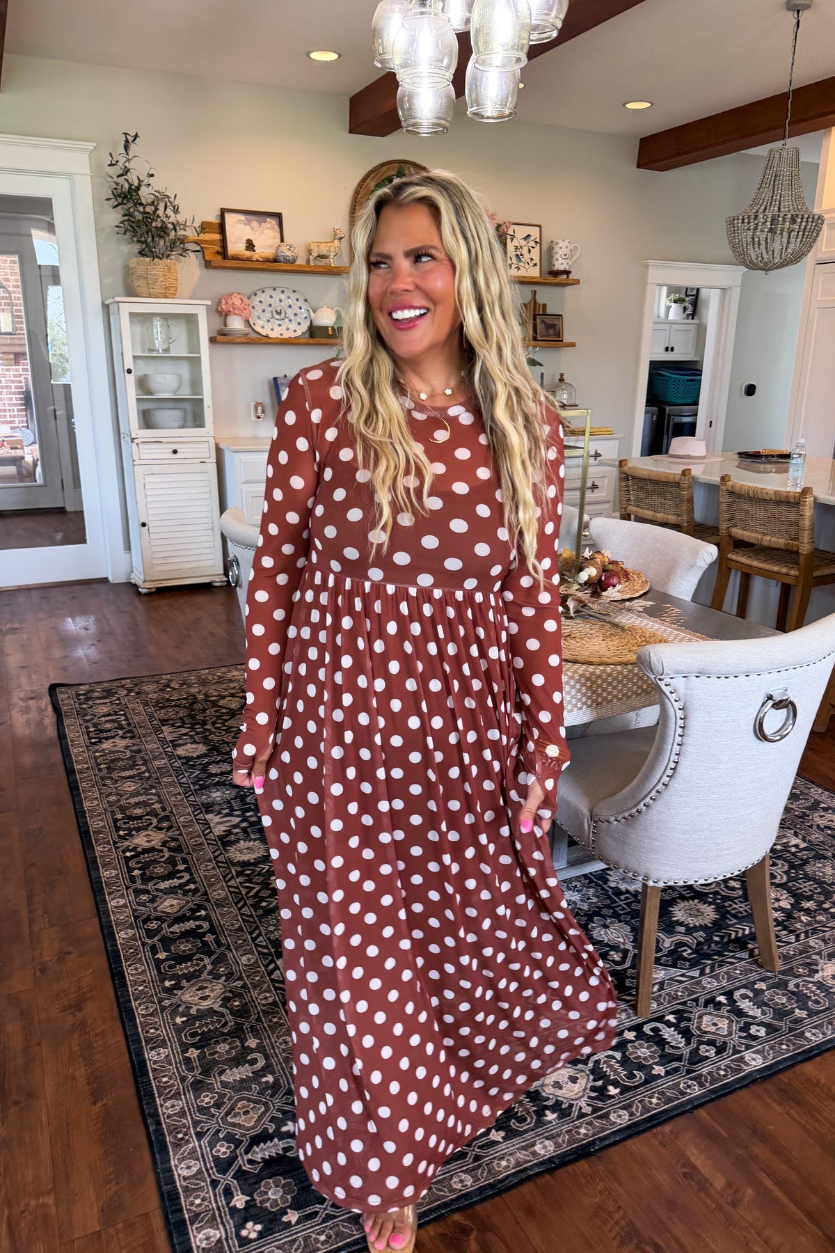 Mesh Long Sleeve Polka Dot Dress