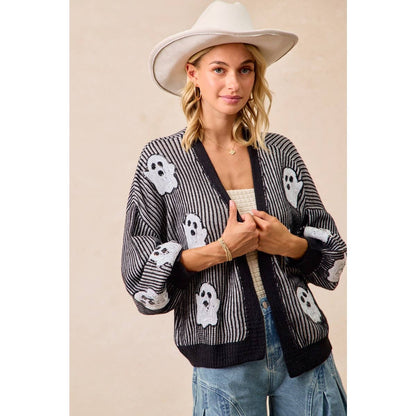 Halloween Themed Cardigan With Ghost Sequin Patch