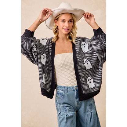 Halloween Themed Cardigan With Ghost Sequin Patch