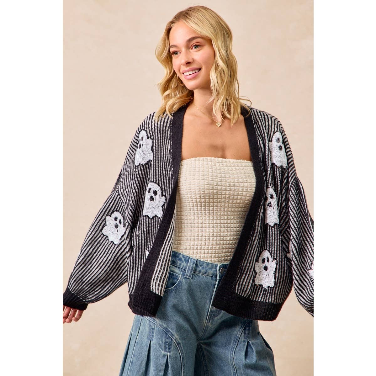 Halloween Themed Cardigan With Ghost Sequin Patch