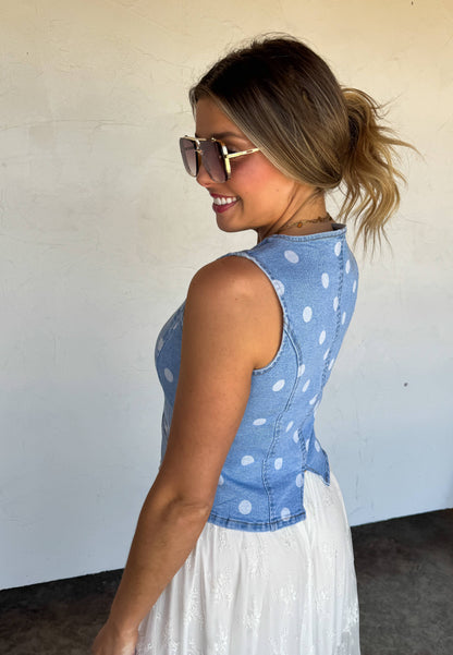 Sprinkle Me Polka Dot Denim Vest With Light Stretch And Front Pockets