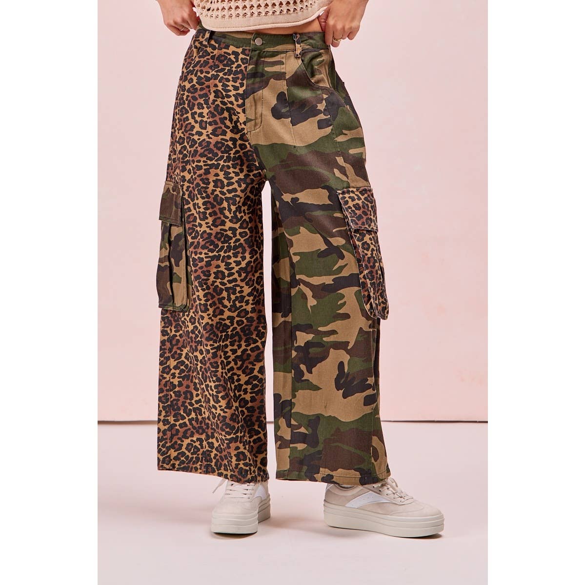 PRE-ORDER Leopard Print And Camouflage Mixed Cargo Pocket Pants